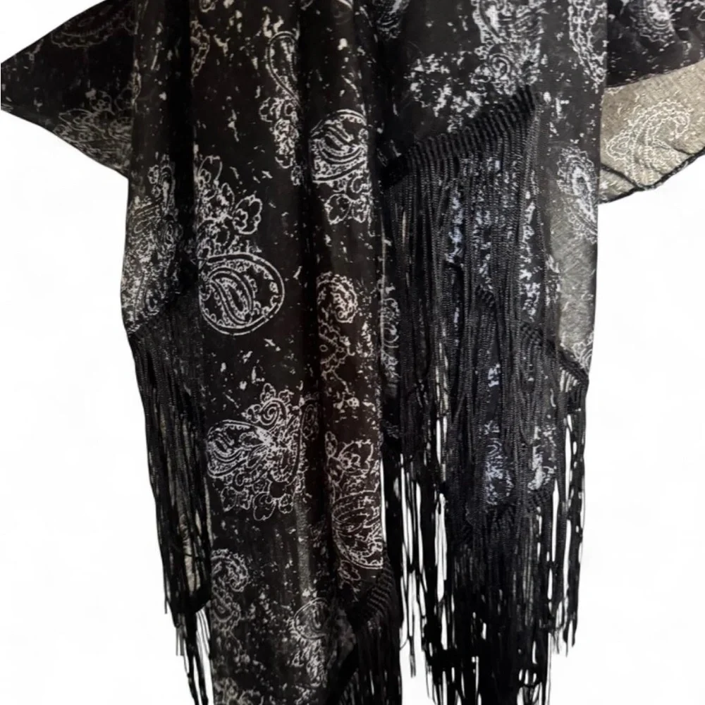 Black and White Paisley semi Sheer fringed Shawl